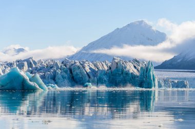 Yaz mevsiminde Svalbard 'da buzul manzarası. Güneşli hava.