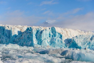 Yaz mevsiminde Svalbard 'da buzul manzarası. Güneşli hava.