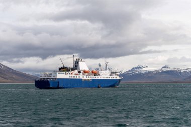 Longyearbyen, Svalbard 'da bir keşif gemisi demir aldı. Yolcu yolcu gemisi. Kuzey Kutbu ve Antarktika gezisi.