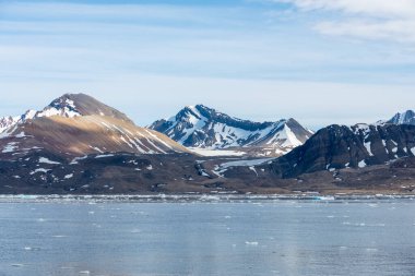 Yaz mevsiminde Svalbard 'da dağ ve buzullarla kutup manzarası