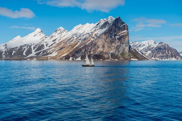 Arctic Landscape Svalbard Small Sailing Ship Stock Image