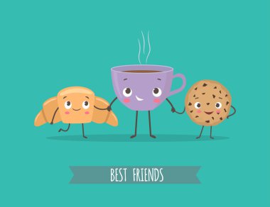 Sevimli karakterler kruvasan, çikolata ve kahve fincan ile tatlılar