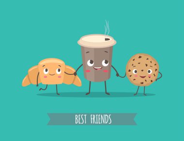 Komik karakterler kruvasan, çikolata ve co fincan ile tatlılar