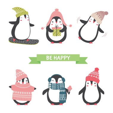 Noel ve yeni yıl kartı ile farklı pıhtı sevimli penguenler