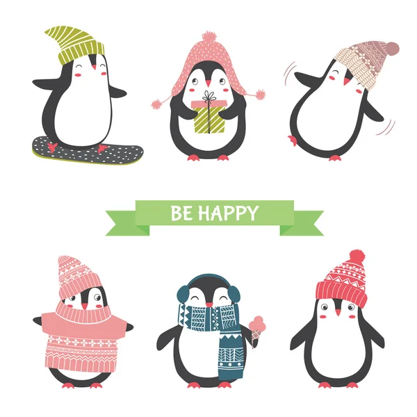 Kerstmis en Nieuwjaar kaart met schattige pinguïns in verschillende clot — Stockvector