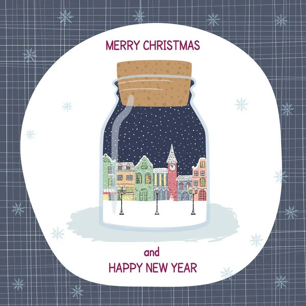 Weihnachts- und Neujahrsgrußkarte. Handgezeichnete Stadt in Flaschen — Stockvektor