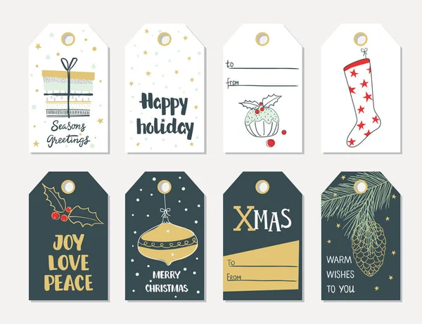 Ensemble de tirage à la main étiquettes cadeaux de Noël — Image vectorielle