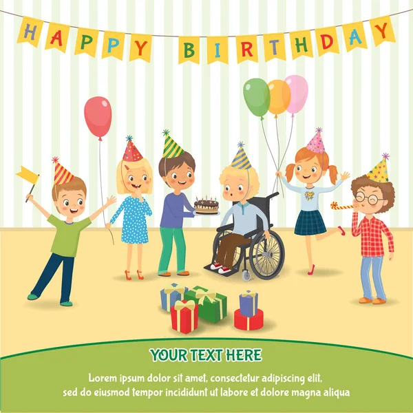 Група щасливих дітей вітає дитину-інваліда з днем народження — стоковий вектор