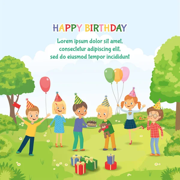 Garçon mignon célébrant anniversaire avec ses amis dans le parc — Image vectorielle