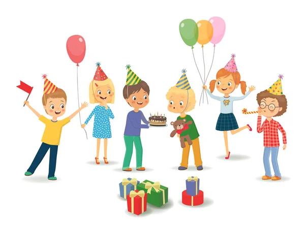 Lindo chico celebrando cumpleaños con sus amigos. Vector aislado — Vector de stock