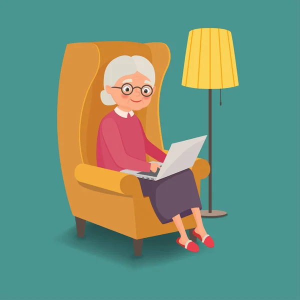 Elderly woman sitting in a chair with a laptop — Stock Vector