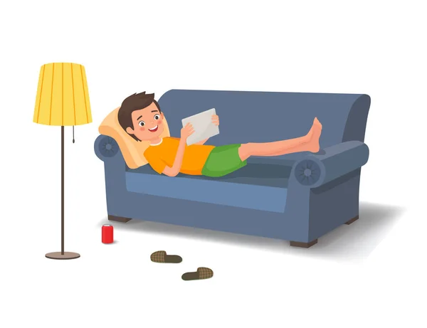 Young man lying on the couch with a tablet — Stock Vector