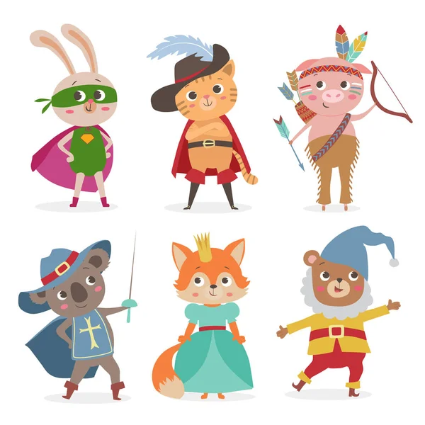 Lindos niños animales con diferentes disfraces. Dibujos animados vector illustrati — Vector de stock
