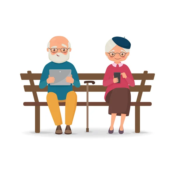 Elderly couple sitting on a bench with gadgets — Stock Vector