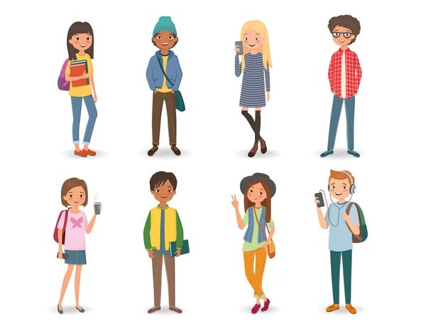 International students with books, phones and backpacks — Stock Vector