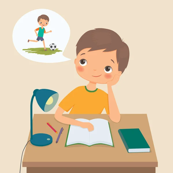 Little boy makes homework and dreams about football — Stock Vector