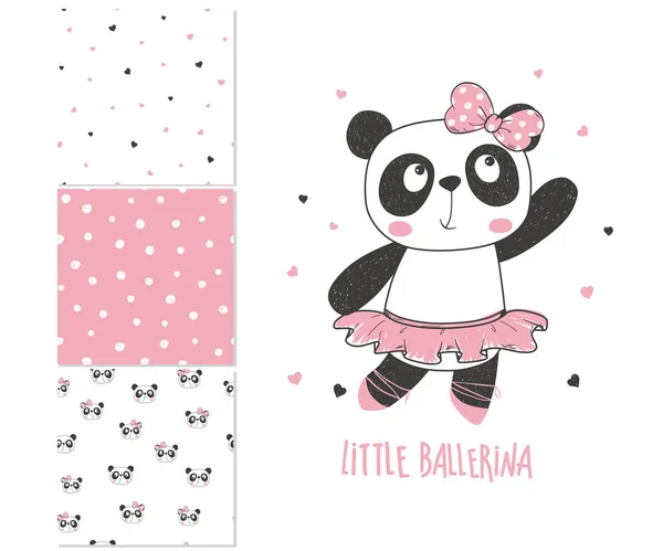 Lilla panda ballerina. Yta och 3 sömlösa mönster — Stock vektor