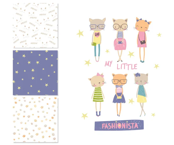 My little fashionista. Cartoon surface design and 3 seamless pat — Stock Vector