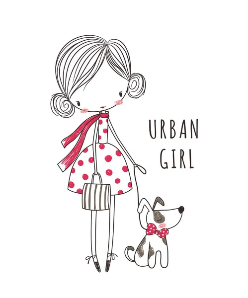Urban girl with dog. Fashion illustration for clothing — Stock Vector