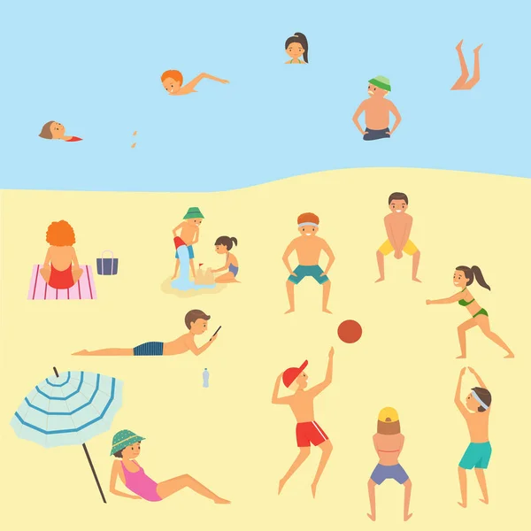 Les gens se détendent sur la plage. Illustration vectorielle — Image vectorielle
