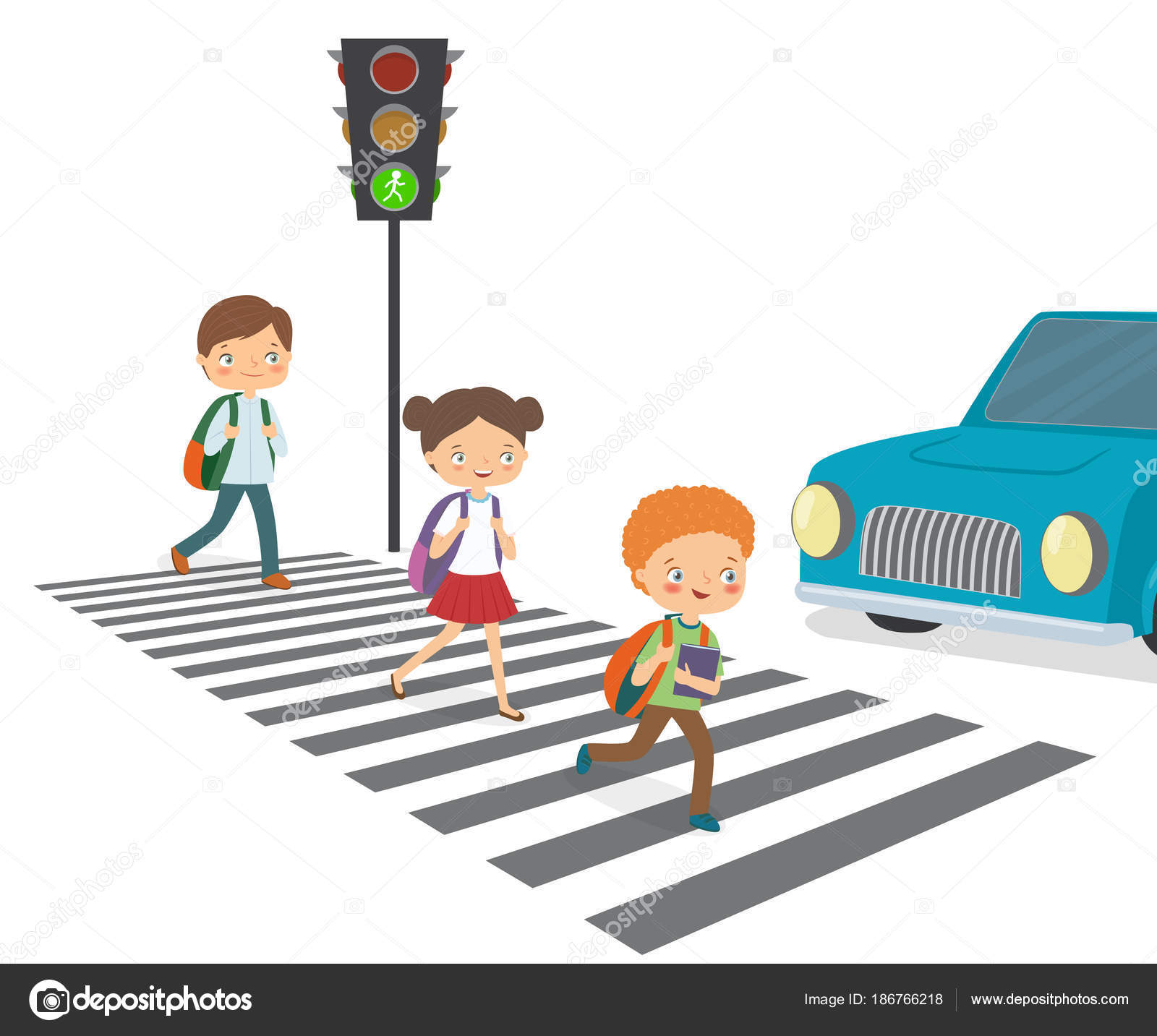 Children cross the road to a green traffic light Stock Vector by ...