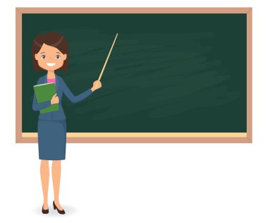 Kadın öğretmen yakınındaki boş okul blackboard ayakta