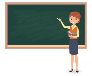 Genç kadın öğretmen Okulu tahtaya tebeşir yazma