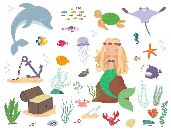 Sereia, animais marinhos e algas. Desenhos animados ilustração vetorial — Vetor de Stock
