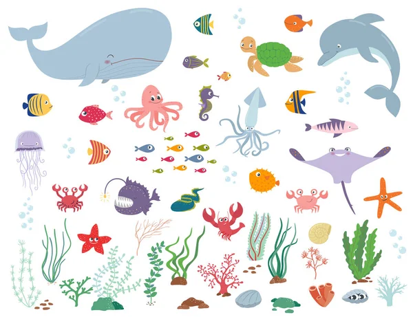 Hewan laut dan tanaman air. Ilustrasi vektor kartun - Stok Vektor