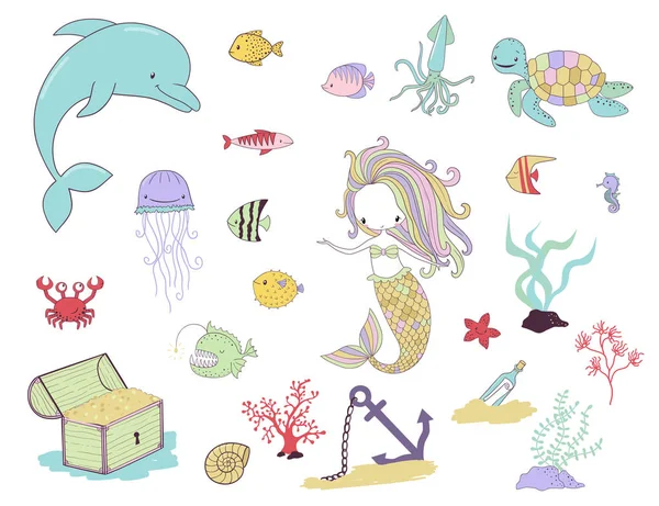 Γοργόνα, θαλάσσια ζώα και τα φυτά νερό — Διανυσματικό Αρχείο
