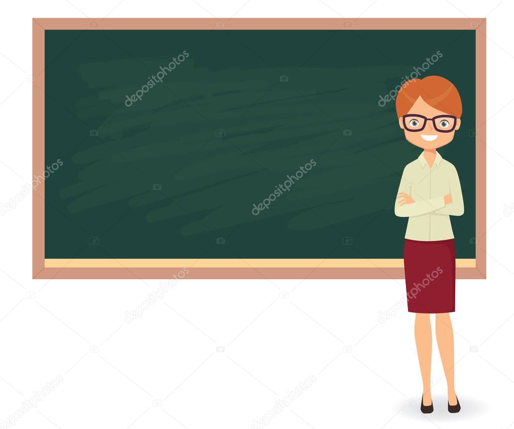 Young female teacher against a blackboard background