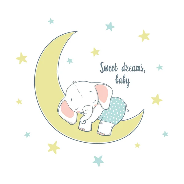 Dulces sueños. Un pequeño elefante duerme en la luna — Vector de stock