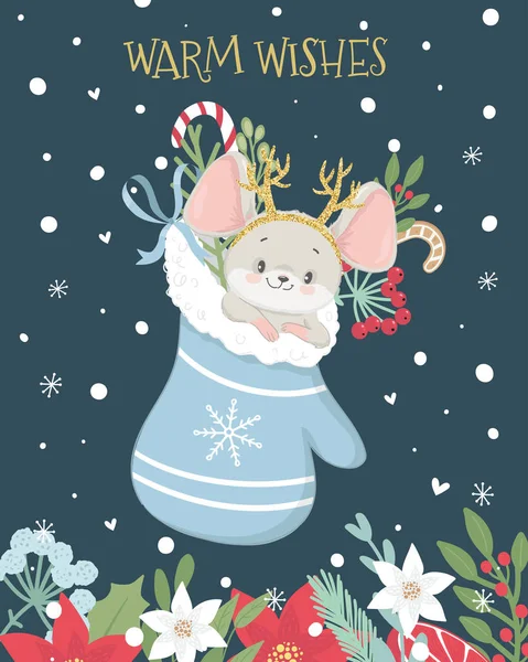 Kleine Maus in einem Fäustling. Weihnachts- und Neujahrskarte — Stockvektor