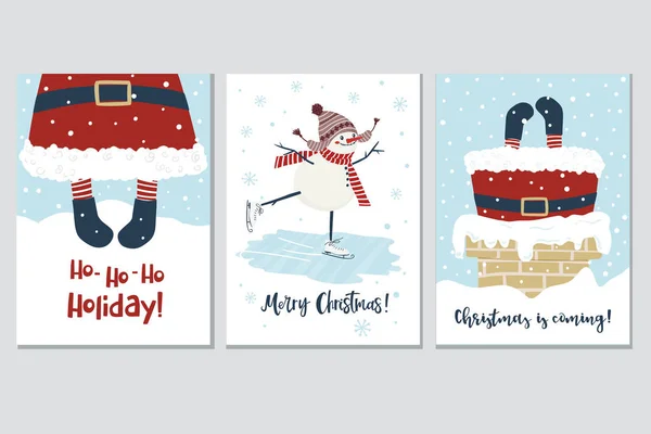 サンタと雪だるまとクリスマスと新年のカード。ベクトル — ストックベクタ