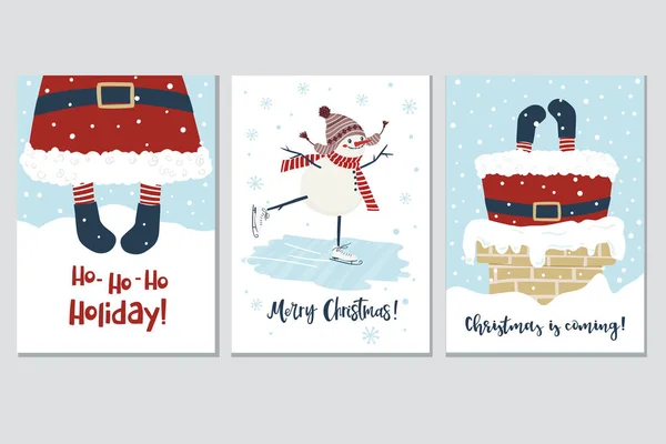 Tarjetas de Navidad y Año Nuevo con Papá Noel y muñeco de nieve. Vector — Vector de stock