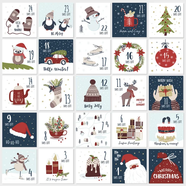 Navidad caricatura calendario de adviento. Cuenta atrás hasta el kit de Navidad — Vector de stock