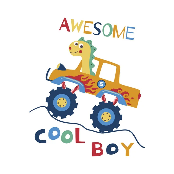 Awesome Cool Boy Cartoon Vector Shirt Design Kids Cute Dinosaur — Stock Vector