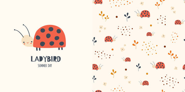 Graphic set of hand drawn illustration and seamless pattern with cute ladybirds. Funny t-shirt and textile design for kids. Use for  fashion wear, apparel, t-shirt print, textile, surface design. Vector