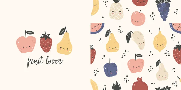 Graphic Set Hand Drawn Illustration Seamless Pattern Cute Fruits Cute Royalty Free Stock Illustrations