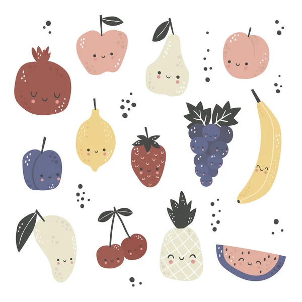 Σύνολο Χαριτωμένα Φρούτα Κινουμένων Σχεδίων Χειροποίητη Συλλογή Βιολογικών Φρούτων Χορτοφαγικό Royalty Free Εικονογραφήσεις Αρχείου