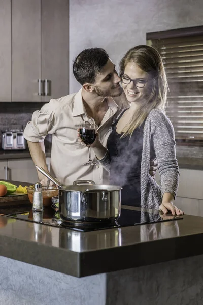 dinner preparation  kitchen cooking happy young couple