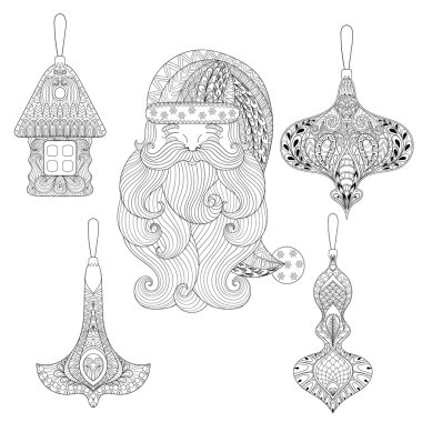 Noel ağacı oyuncakları seti ve Santa zentangle tarzında. Elle çizilmiş