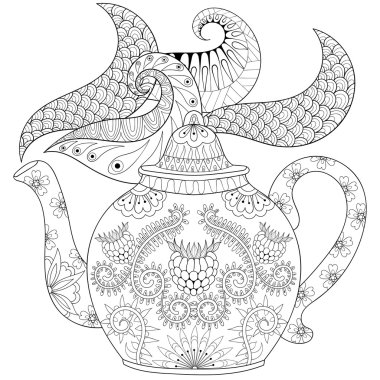 Zentangle stylized ornamental teapot with steam, hot beverage wi