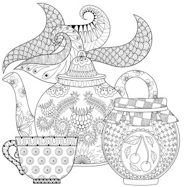 Zentangle stylized ornamental teapot with steam, cup of tea, jar