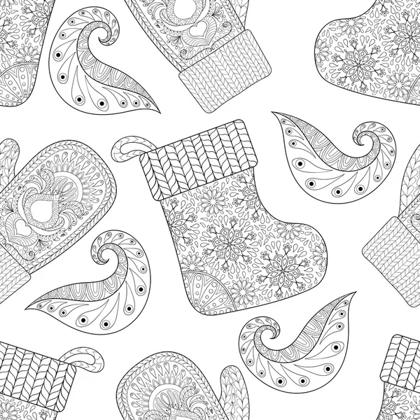 Winter knitted mittens, socks seamless pattern in zentangle styl — Stock Vector