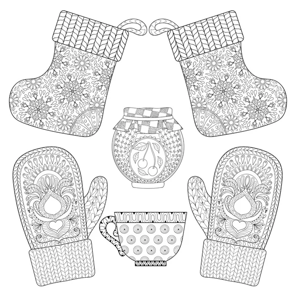 Winter knitted mittens, socks, cup of tea, jam in zentangle styl — Wektor stockowy