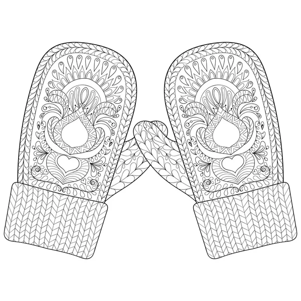 Inverno quente luvas de malha em estilo zentangle. Mão desenhada feliz — Vetor de Stock