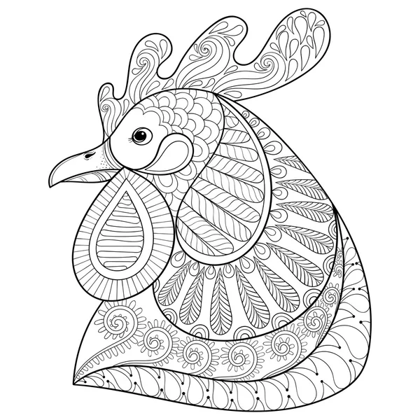 Zentangle Cartoon rooster or cock. Hand drawn sketch for adult c — Stock Vector