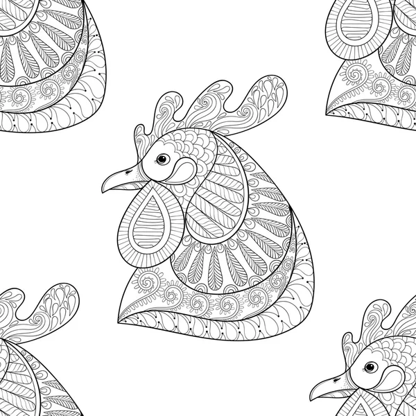 Zentangle Cartoon rooster seamless pattern. Hand drawn sketch fo — Stockový vektor