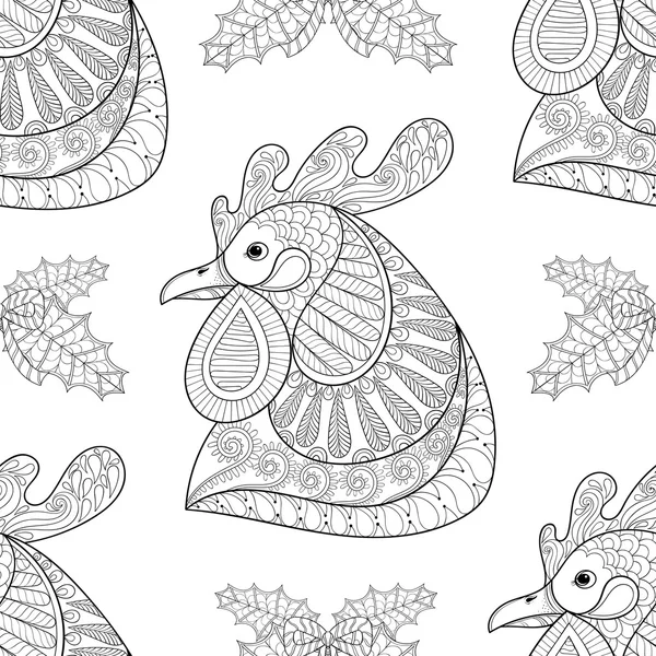 Gallo de dibujos animados Zentangle con patrón sin costuras de muérdago. Mano — Archivo Imágenes Vectoriales